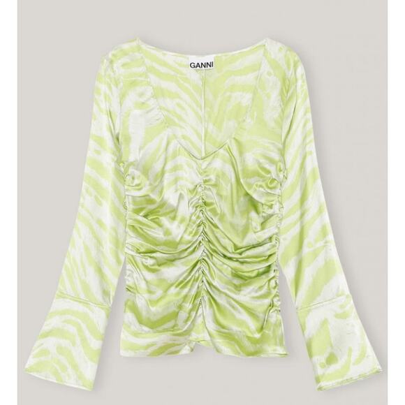 NWT GANNI Zebra Stripe Ruched Silk Blouse in Margarita - Picture 3 of 16